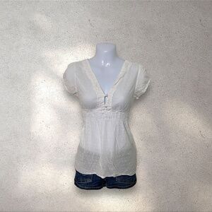 Y2K White Swiss Dot Peasant Top | At Last Empire Waist Cottagecore Blouse